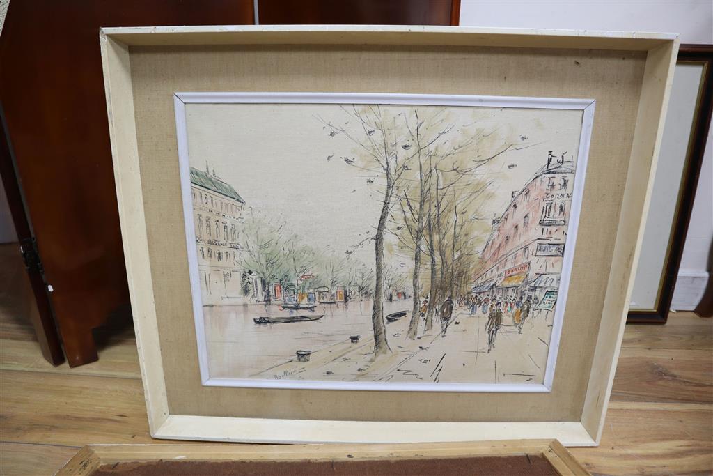 French School, mixed media on canvas, Canal side street scene, indistinctly signed, 40 x 50cm